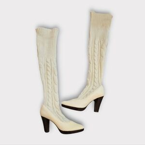 Over-the-Knee Knit Panel High Heel Boots in Cream